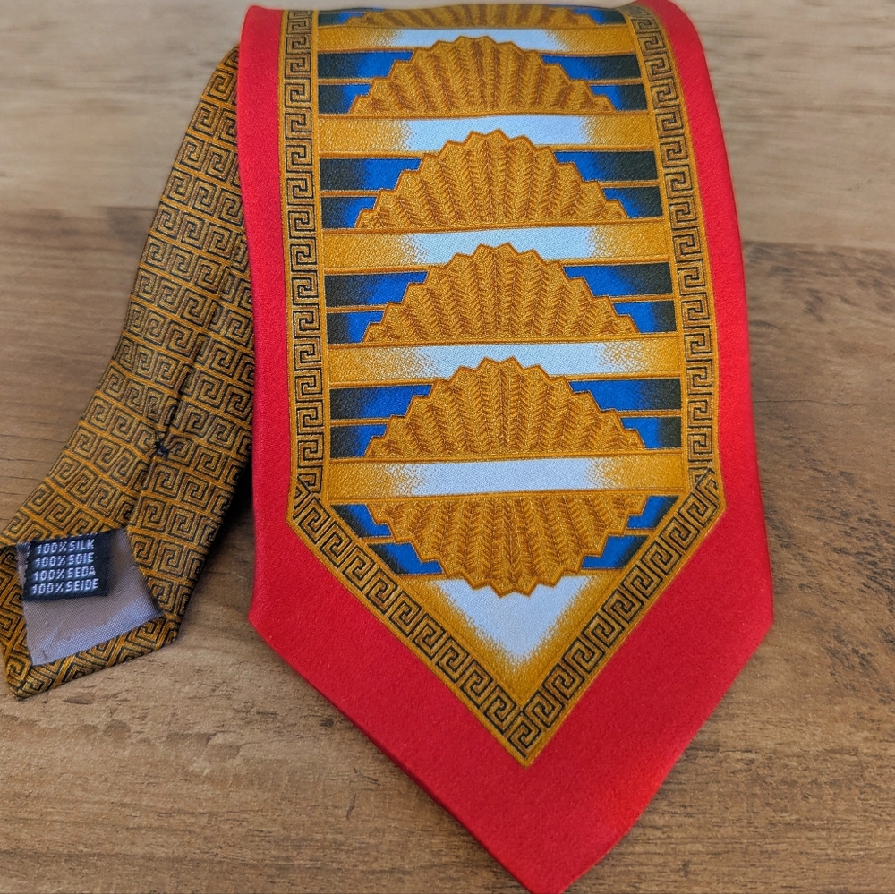 Estro Silk Red Necktie with Gold & Blue Geometric Fan Design